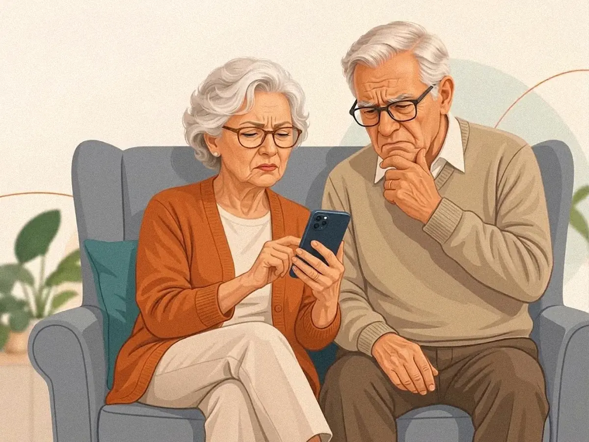 Casal de idosos sorrindo enquanto usa um celular, com autonomia e tranquilidade